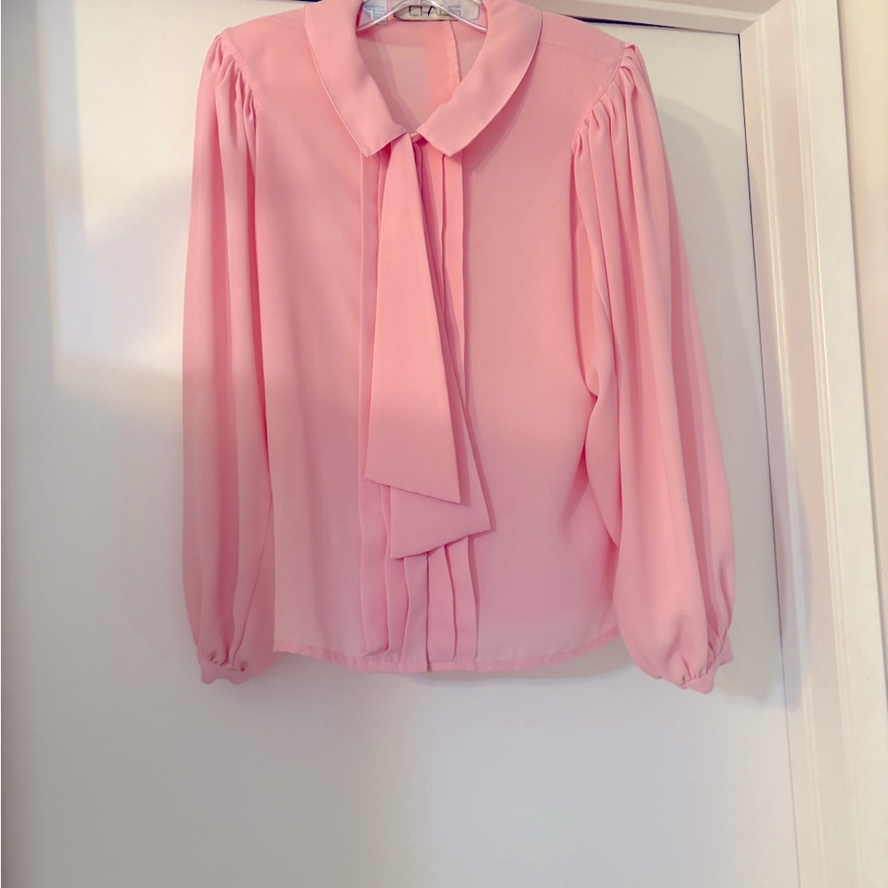 Button Blouse Sheer Puffy Sleeves Removable Tie Hidden Buttons Tuck In & Out